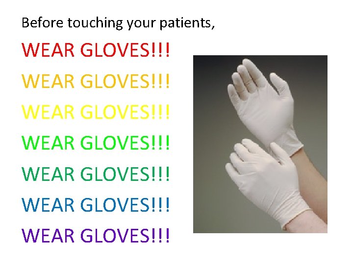 Before touching your patients, WEAR GLOVES!!! WEAR GLOVES!!! Before touching your patients, WEAR GLOVES!!! WEAR GLOVES!!!