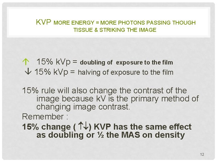  KVP MORE ENERGY = MORE PHOTONS PASSING THOUGH TISSUE & STRIKING THE IMAGE