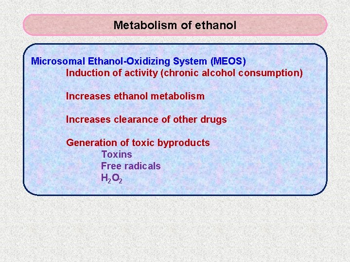 Metabolism of ethanol Microsomal Ethanol-Oxidizing System (MEOS) Induction of activity (chronic alcohol consumption) Increases