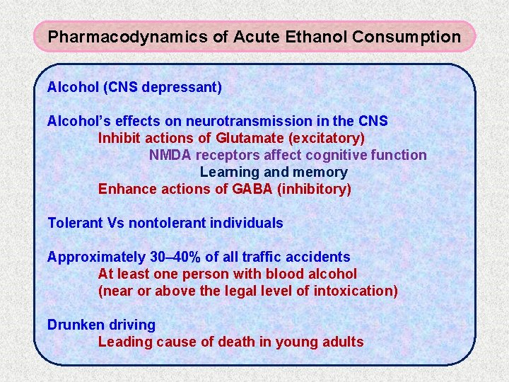 Pharmacodynamics of Acute Ethanol Consumption Alcohol (CNS depressant) Alcohol’s effects on neurotransmission in the