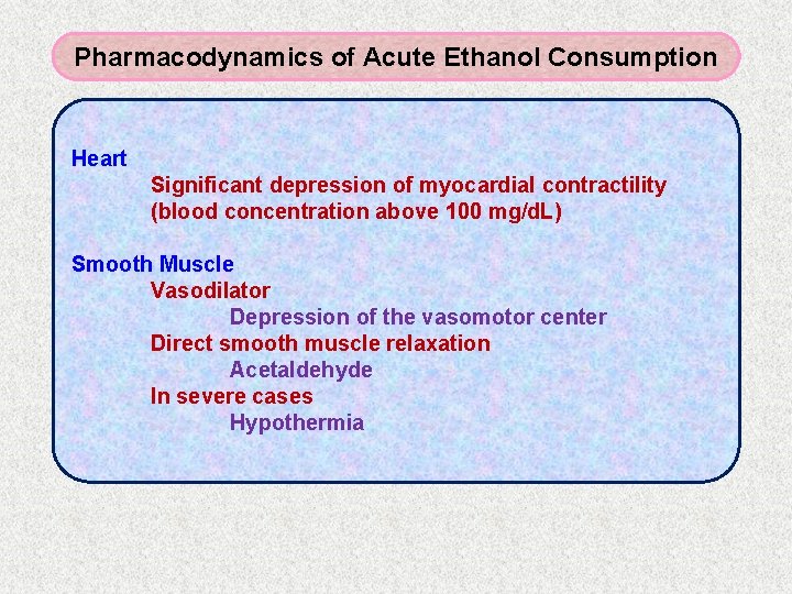 Pharmacodynamics of Acute Ethanol Consumption Heart Significant depression of myocardial contractility (blood concentration above