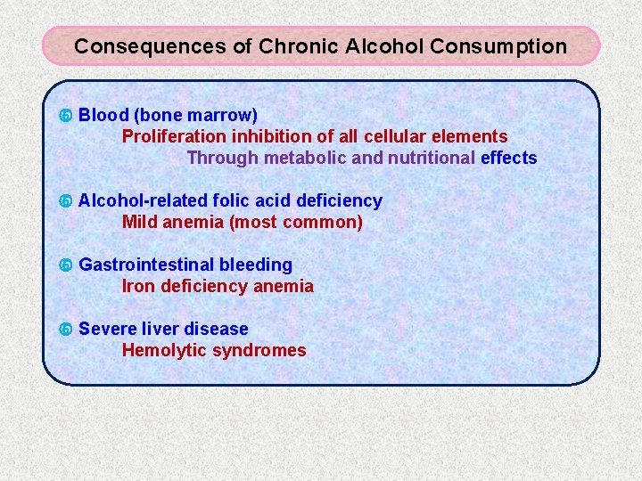 Consequences of Chronic Alcohol Consumption Blood (bone marrow) Proliferation inhibition of all cellular elements