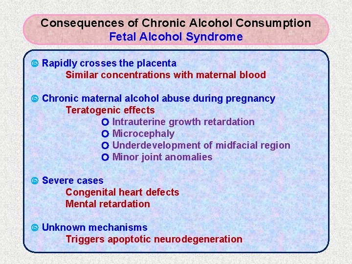 Consequences of Chronic Alcohol Consumption Fetal Alcohol Syndrome Rapidly crosses the placenta Similar concentrations