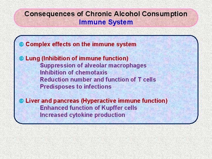 Consequences of Chronic Alcohol Consumption Immune System Complex effects on the immune system Lung