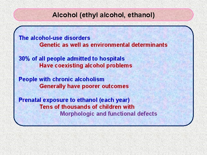 Alcohol (ethyl alcohol, ethanol) The alcohol-use disorders Genetic as well as environmental determinants 30%