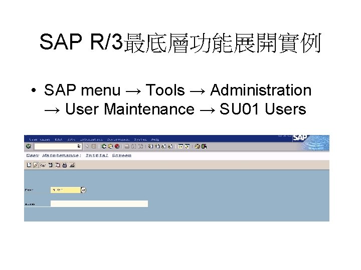 SAP R/3最底層功能展開實例 • SAP menu → Tools → Administration → User Maintenance → SU