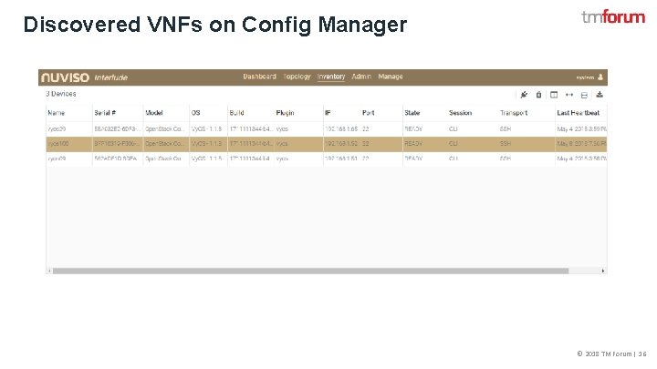 Discovered VNFs on Config Manager © 2018 TM Forum | 16 