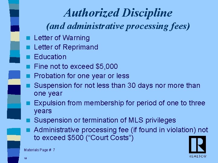Authorized Discipline (and administrative processing fees) n n n n n Letter of Warning