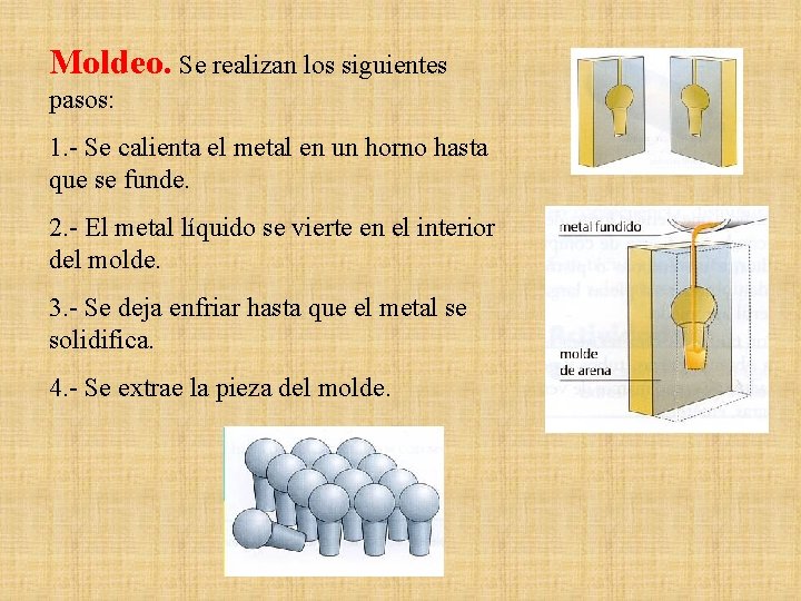 Moldeo. Se realizan los siguientes pasos: 1. - Se calienta el metal en un Moldeo. Se realizan los siguientes pasos: 1. - Se calienta el metal en un