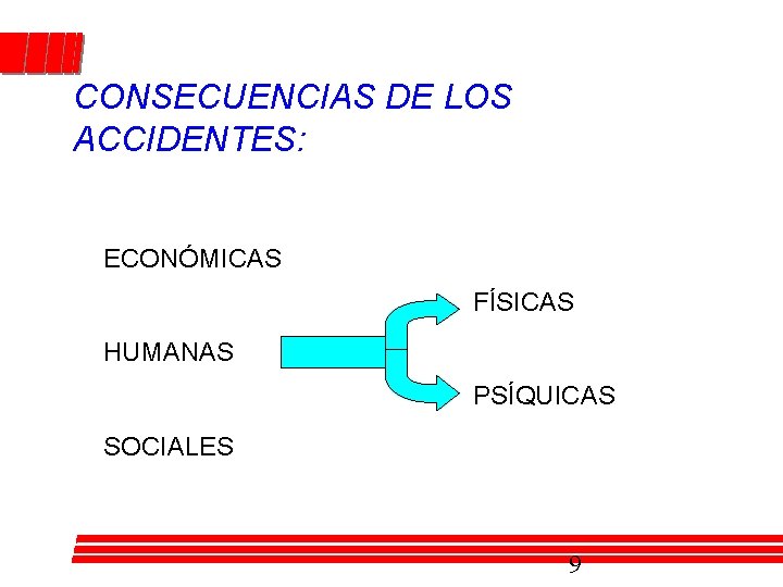 CONSECUENCIAS DE LOS ACCIDENTES: ECONÓMICAS FÍSICAS HUMANAS PSÍQUICAS SOCIALES 9 