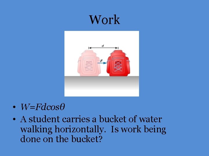 Work • W=Fdcosθ • A student carries a bucket of water walking horizontally. Is