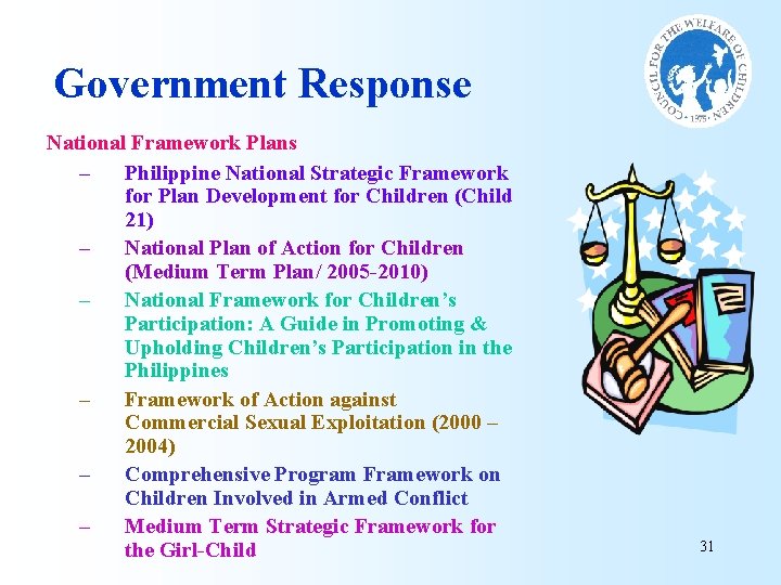 Government Response National Framework Plans – Philippine National Strategic Framework for Plan Development for