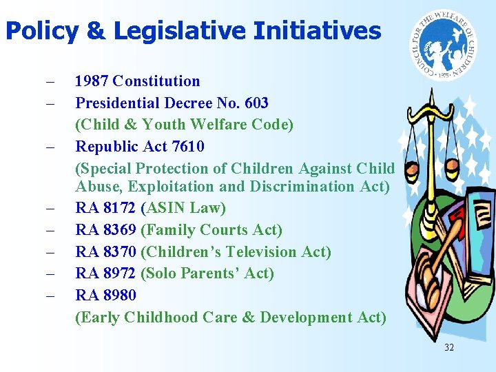 Policy & Legislative Initiatives – – – – 1987 Constitution Presidential Decree No. 603