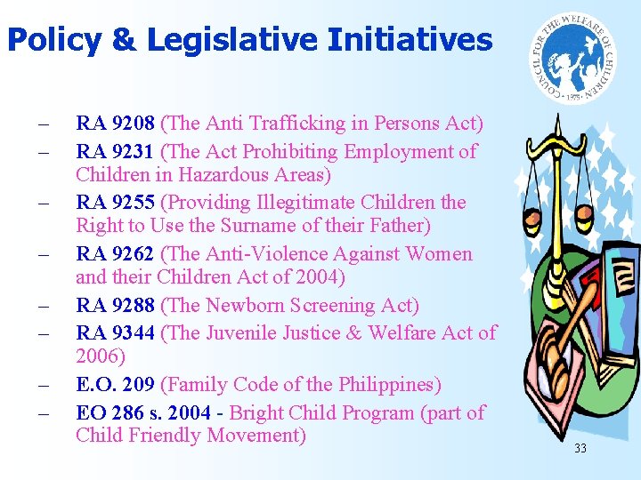 Policy & Legislative Initiatives – – – – RA 9208 (The Anti Trafficking in