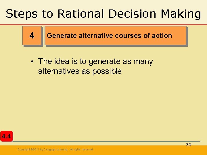 Steps to Rational Decision Making 4 Generate alternative courses of action • The idea