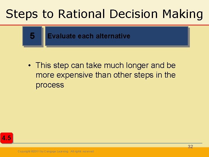 Steps to Rational Decision Making 5 Evaluate each alternative • This step can take