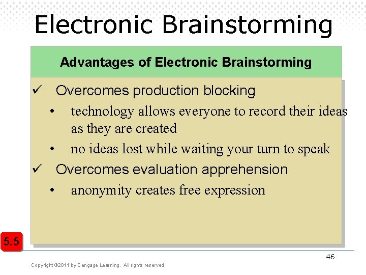 Electronic Brainstorming Advantages of Electronic Brainstorming ü Overcomes production blocking • technology allows everyone