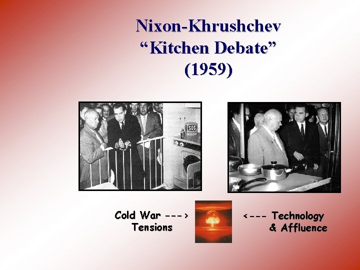 Nixon-Khrushchev “Kitchen Debate” (1959) Cold War ---> Tensions <--- Technology & Affluence 