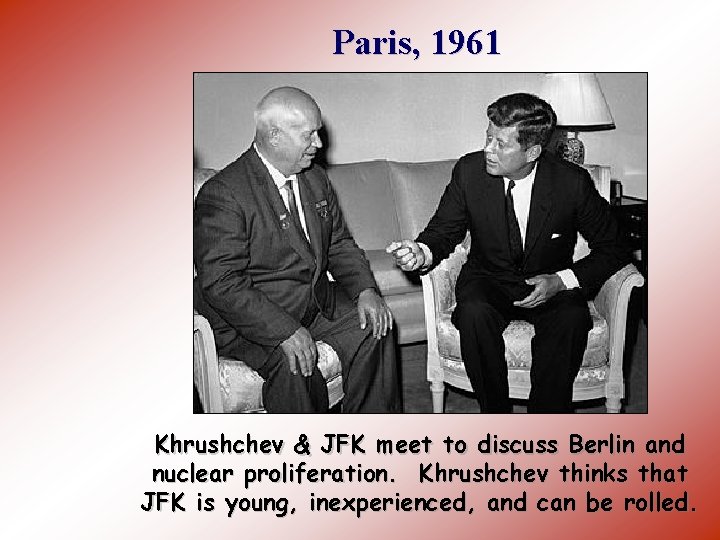 Paris, 1961 Khrushchev & JFK meet to discuss Berlin and nuclear proliferation. Khrushchev thinks
