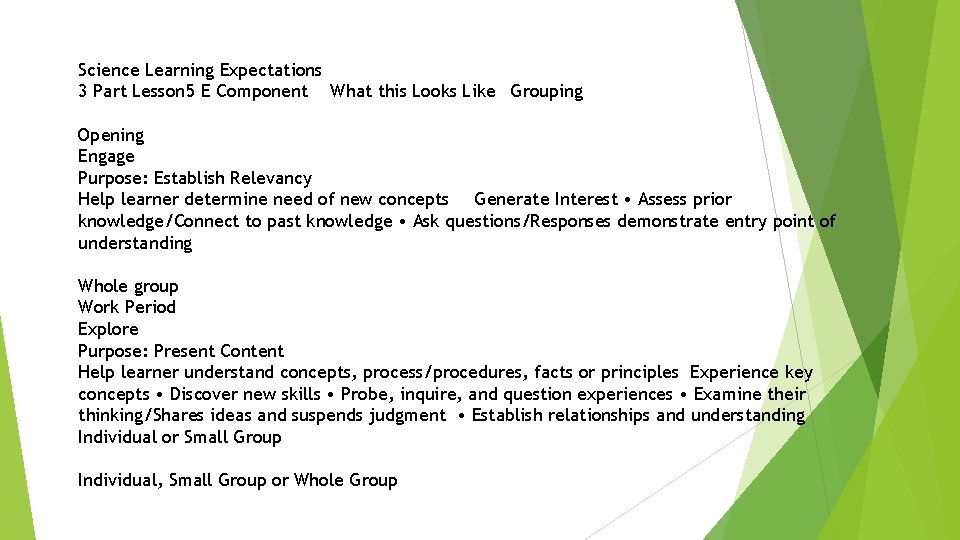 Science Learning Expectations 3 Part Lesson 5 E Component What this Looks Like Grouping Science Learning Expectations 3 Part Lesson 5 E Component What this Looks Like Grouping