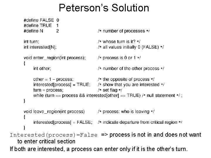 Peterson’s Solution Interested(process)=False => process is not in and does not want to enter