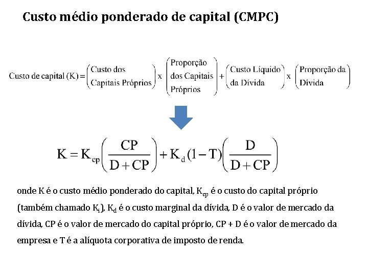 Custo médio ponderado de capital (CMPC) onde K é o custo médio ponderado do Custo médio ponderado de capital (CMPC) onde K é o custo médio ponderado do