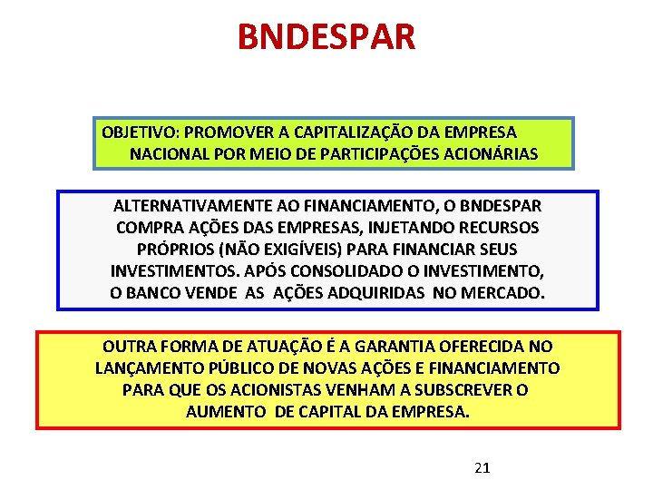 BNDESPAR OBJETIVO: PROMOVER A CAPITALIZAÇÃO DA EMPRESA NACIONAL POR MEIO DE PARTICIPAÇÕES ACIONÁRIAS ALTERNATIVAMENTE