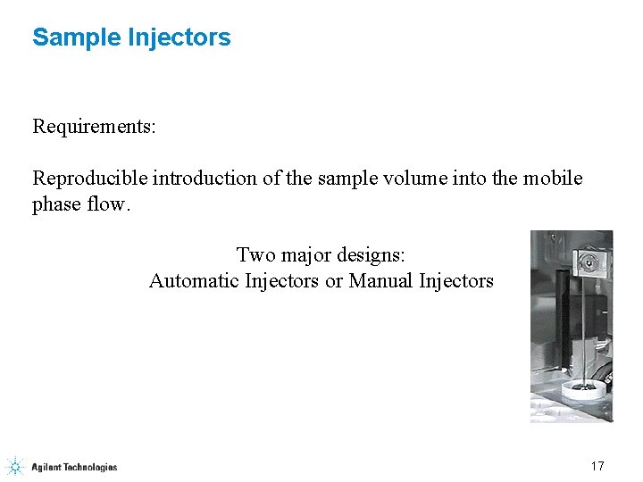 Sample Injectors Requirements: Reproducible introduction of the sample volume into the mobile phase flow.