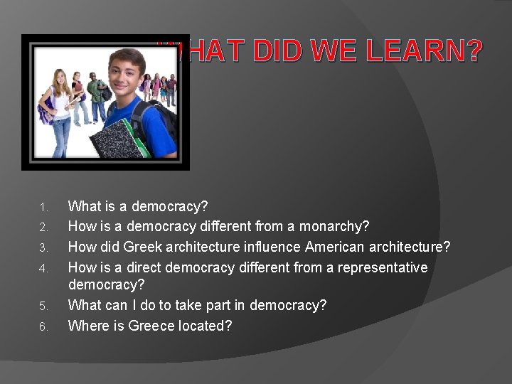 WHAT DID WE LEARN? 1. 2. 3. 4. 5. 6. What is a democracy?