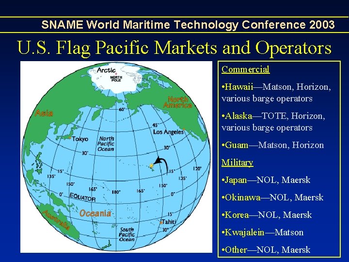 SNAME World Maritime Technology Conference 2003 U. S. Flag Pacific Markets and Operators Commercial SNAME World Maritime Technology Conference 2003 U. S. Flag Pacific Markets and Operators Commercial