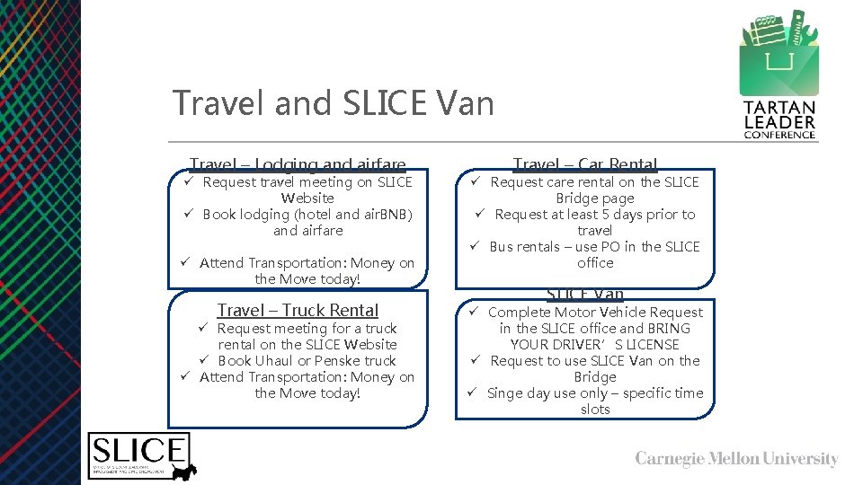 Travel and SLICE Van Travel – Lodging and airfare ü Request travel meeting on