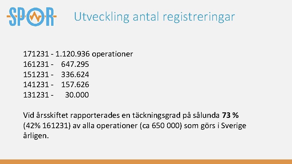 Utveckling antal registreringar 171231 - 1. 120. 936 operationer 161231 - 647. 295 151231