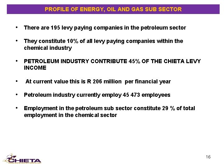 PROFILE OF ENERGY, OIL AND GAS SUB SECTOR • There are 195 levy paying