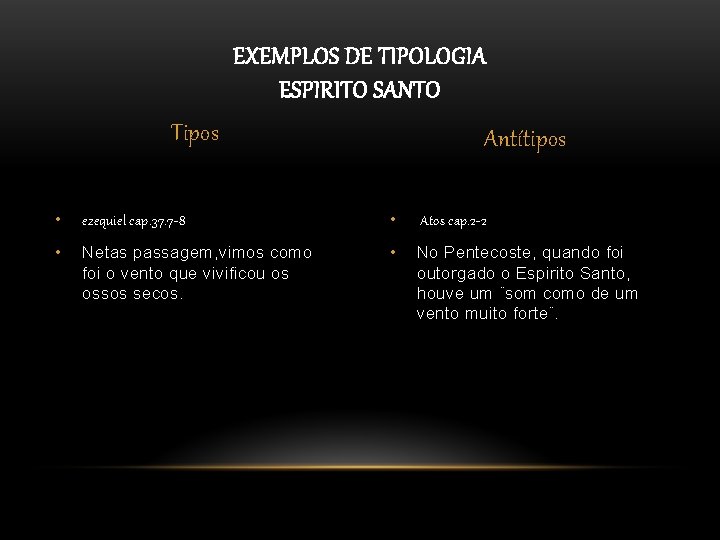 EXEMPLOS DE TIPOLOGIA ESPIRITO SANTO Tipos Antítipos • ezequiel cap. 37. 7 -8 • EXEMPLOS DE TIPOLOGIA ESPIRITO SANTO Tipos Antítipos • ezequiel cap. 37. 7 -8 •