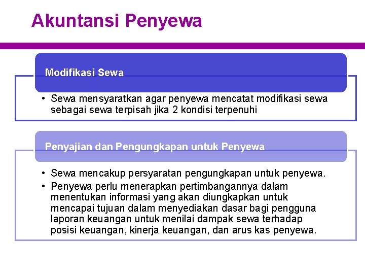 Akuntansi Penyewa Modifikasi Sewa • Sewa mensyaratkan agar penyewa mencatat modifikasi sewa sebagai sewa