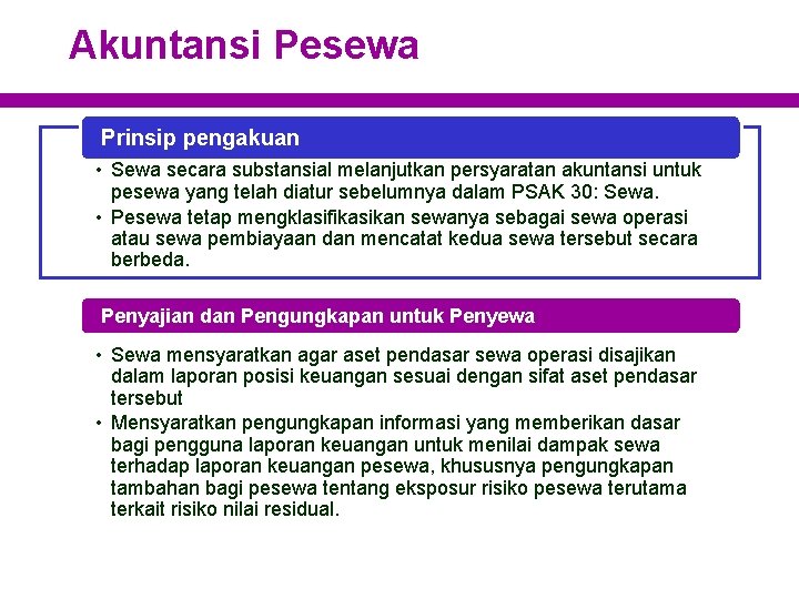 Akuntansi Pesewa Prinsip pengakuan • Sewa secara substansial melanjutkan persyaratan akuntansi untuk pesewa yang