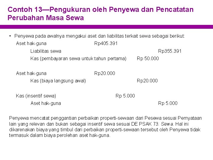 Contoh 13—Pengukuran oleh Penyewa dan Pencatatan Perubahan Masa Sewa • Penyewa pada awalnya mengakui