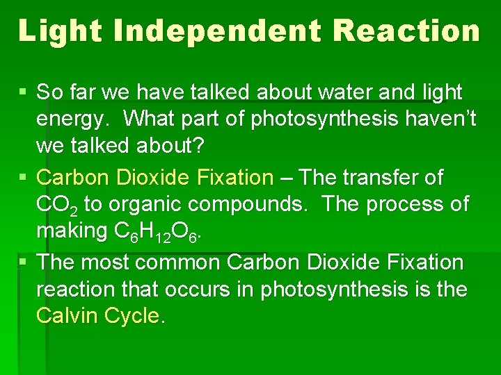 Light Independent Reaction § So far we have talked about water and light energy.