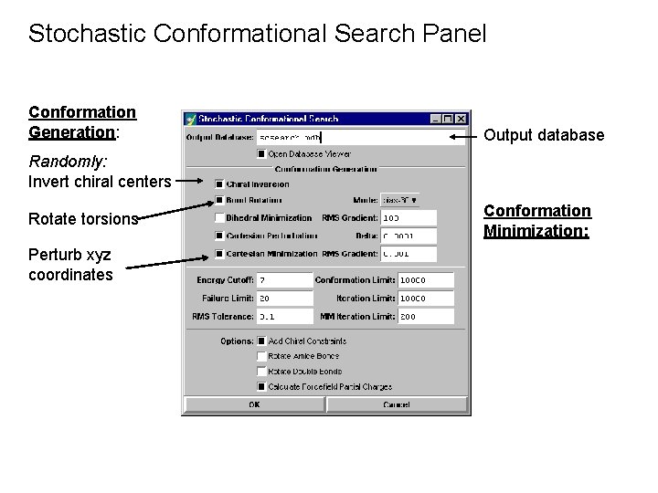 Stochastic Conformational Search Panel Conformation Generation: Output database Randomly: Invert chiral centers Rotate torsions