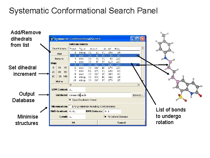 Systematic Conformational Search Panel Add/Remove dihedrals from list Set dihedral increment Output Database Minimise