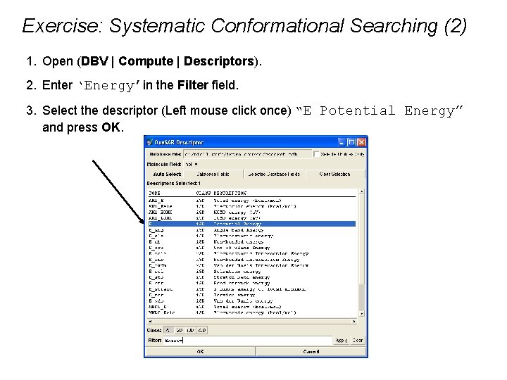 Exercise: Systematic Conformational Searching (2) 1. Open (DBV | Compute | Descriptors). 2. Enter