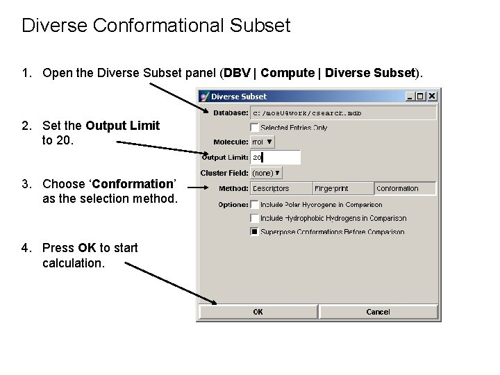 Diverse Conformational Subset 1. Open the Diverse Subset panel (DBV | Compute | Diverse