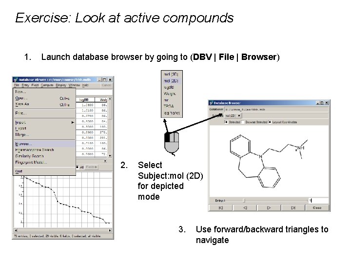 Exercise: Look at active compounds 1. Launch database browser by going to (DBV |