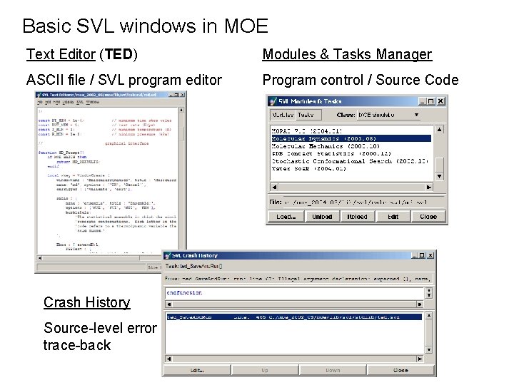 Basic SVL windows in MOE Text Editor (TED) Modules & Tasks Manager ASCII file