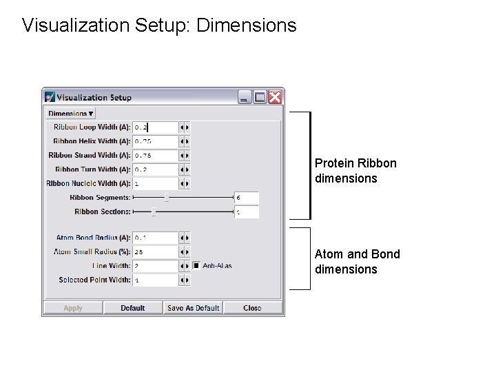 Visualization Setup: Dimensions Protein Ribbon dimensions Atom and Bond dimensions 