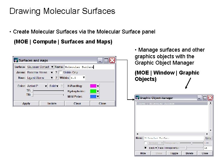 Drawing Molecular Surfaces • Create Molecular Surfaces via the Molecular Surface panel (MOE |