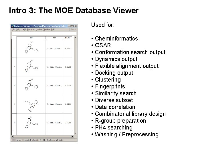 Intro 3: The MOE Database Viewer Used for: • Cheminformatics • QSAR • Conformation