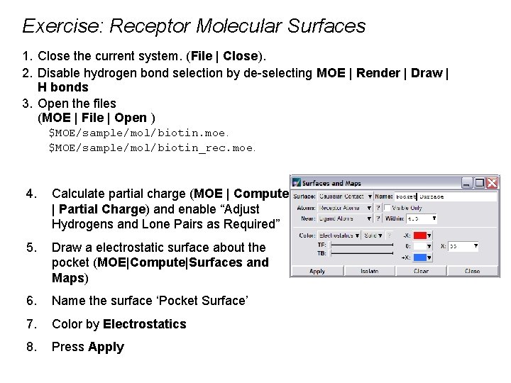 Exercise: Receptor Molecular Surfaces 1. Close the current system. (File | Close). 2. Disable