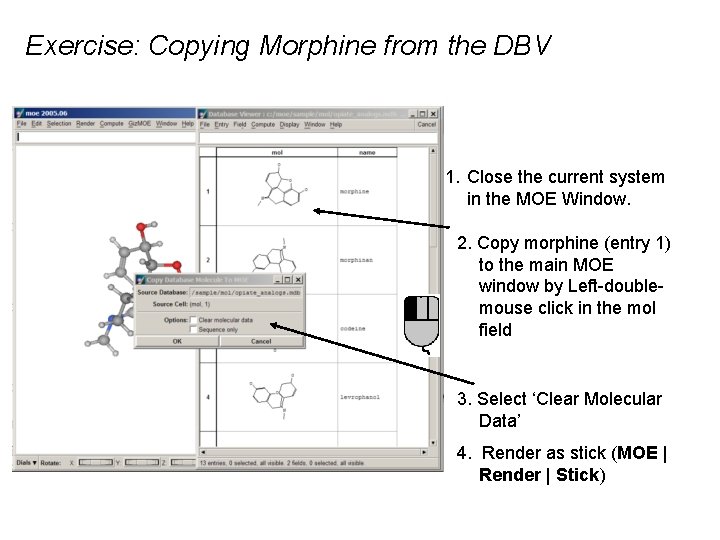 Exercise: Copying Morphine from the DBV 1. Close the current system in the MOE