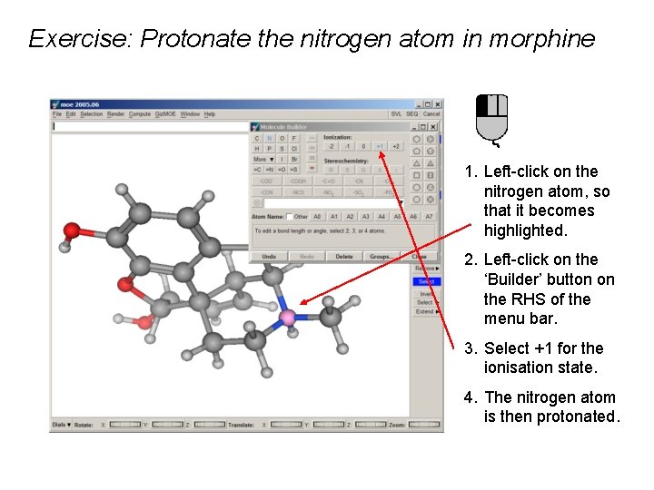 Exercise: Protonate the nitrogen atom in morphine 1. Left-click on the nitrogen atom, so